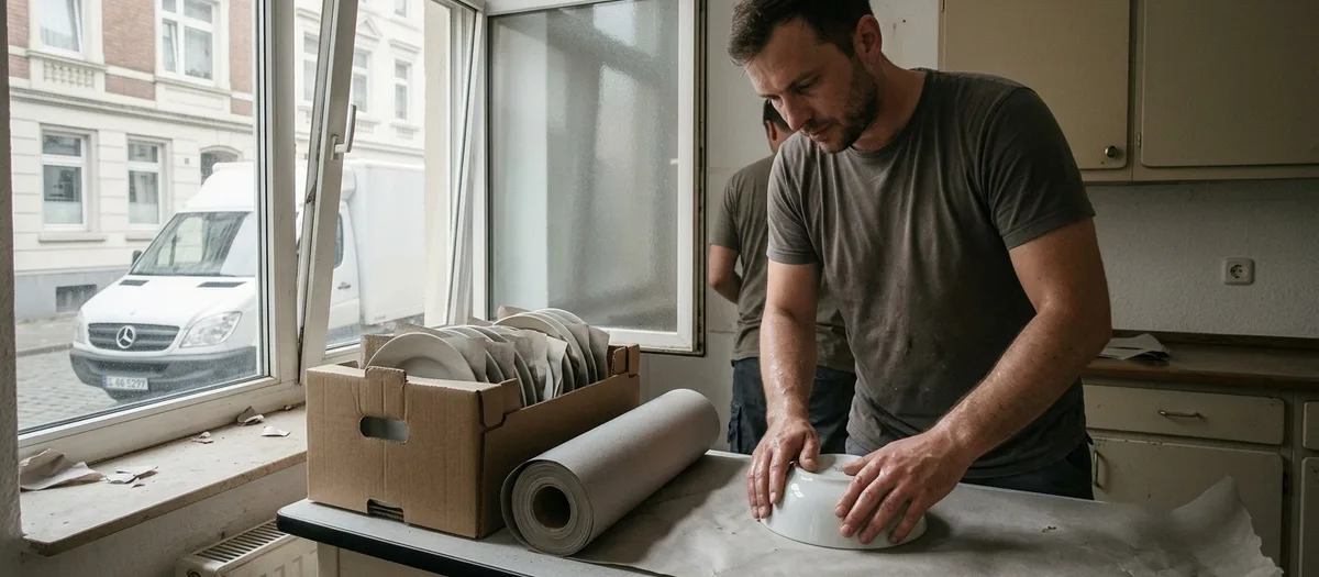 Hände wickeln einen Teller in Packpapier, daneben ein halb gefüllter Karton