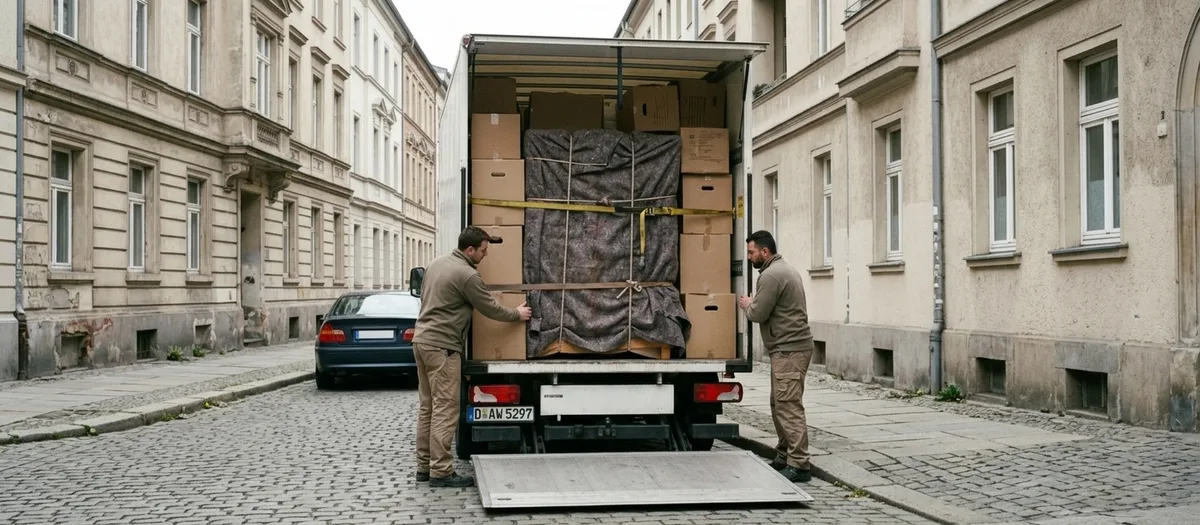 Bis zum Dach beladener Umzugswagen, jede Lage gegurtet, Hecktüren offen