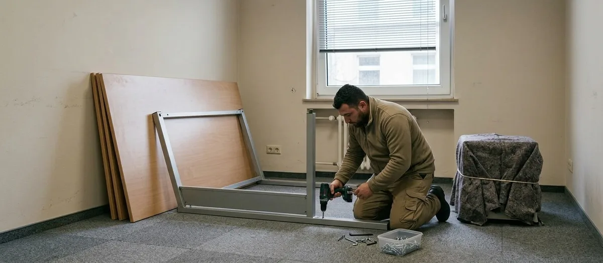 Ein Schreibtisch wird im Büro zerlegt, Kabel liegen beschriftet in einer Kiste