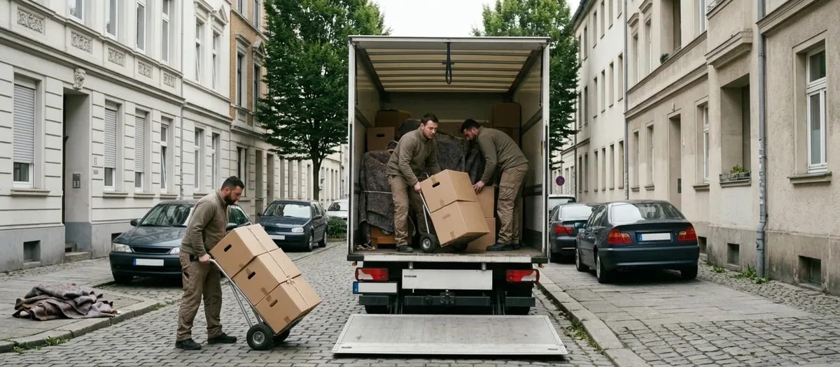 Drei Träger beladen zügig einen Transporter vor einem Mehrfamilienhaus