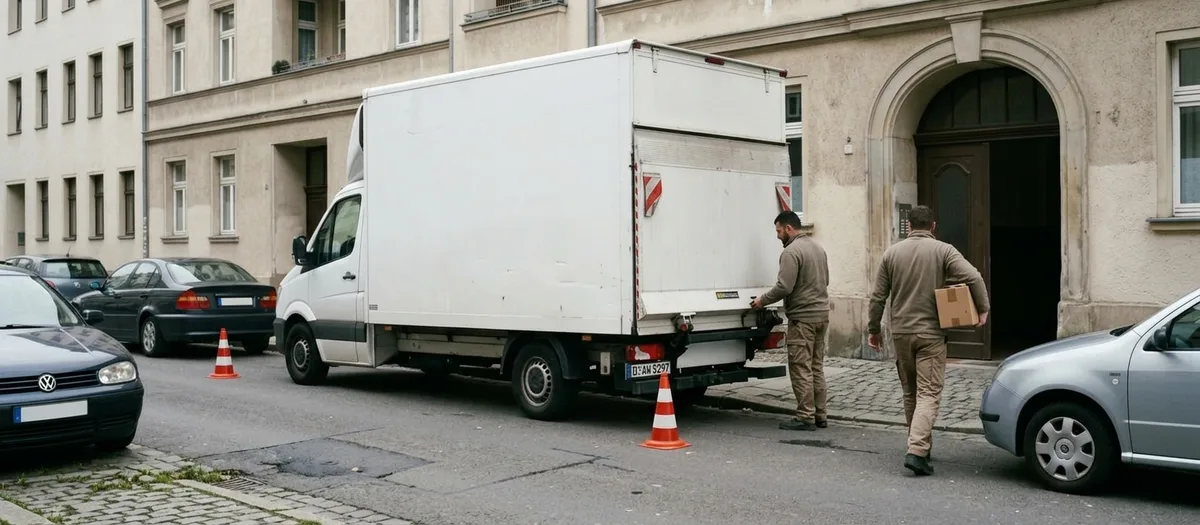 Freigehaltener Stellplatz mit Schildern vor einem Wohnhaus, der Umzugswagen fährt ein