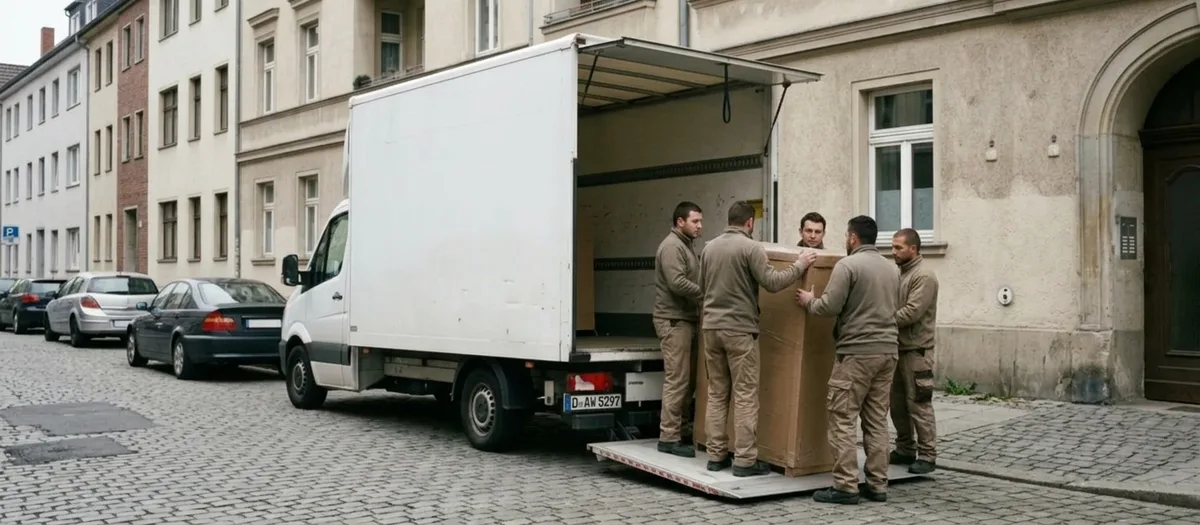 Umzugswagen in einer dicht beparkten Straße, zwei Träger laden Kartons ein