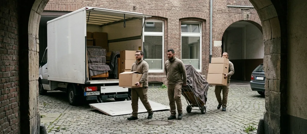 Umzugswagen steht vor einer Hofdurchfahrt, ein Träger geht mit einem Karton hindurch