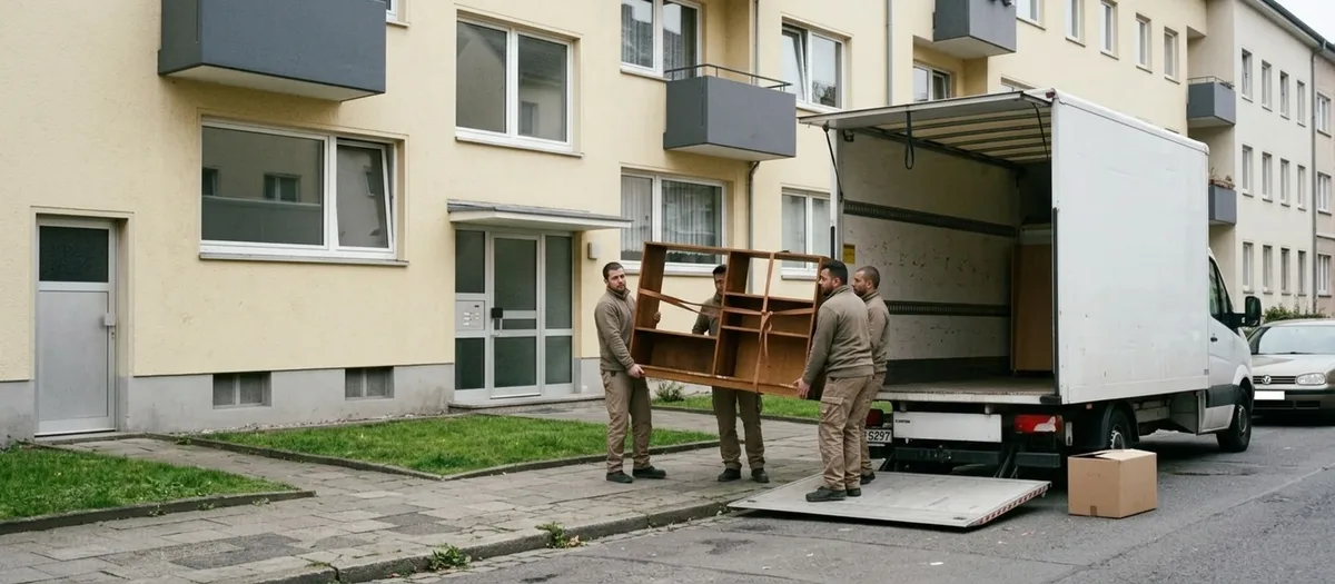 Umzugswagen steht an einer Wohnstraße mit Nachkriegsbauten, ein Träger geht zur Haustür