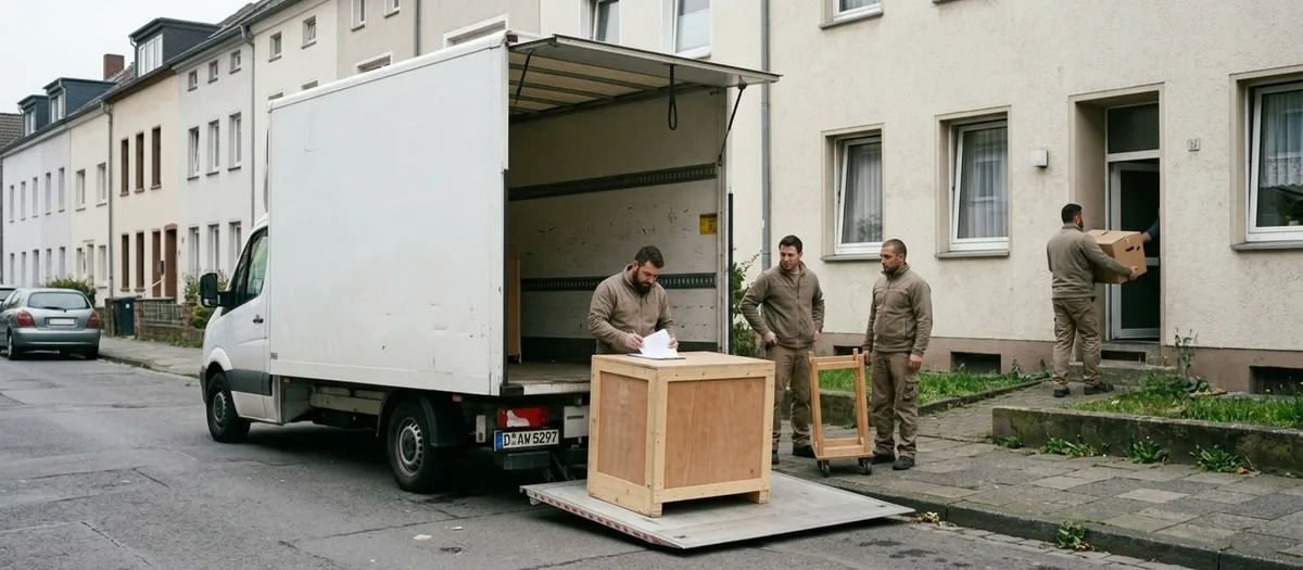 Umzugswagen vor einem Reihenhaus, die Mannschaft trägt über den Vorgarten