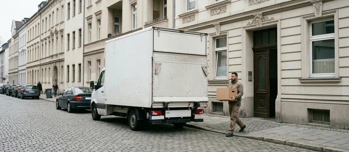 Umzugswagen vor einem Altbau mit Stuckfassade, Träger bringen eine eingeschlagene Kommode