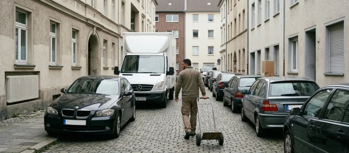 Umzugswagen in einer Seitenstraße mit Gründerzeithäusern, Träger mit Karton