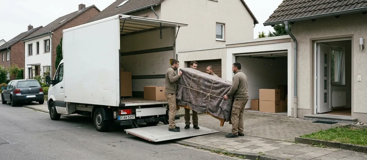 Umzugswagen vor einem Einfamilienhaus, Kartons werden über die Auffahrt getragen
