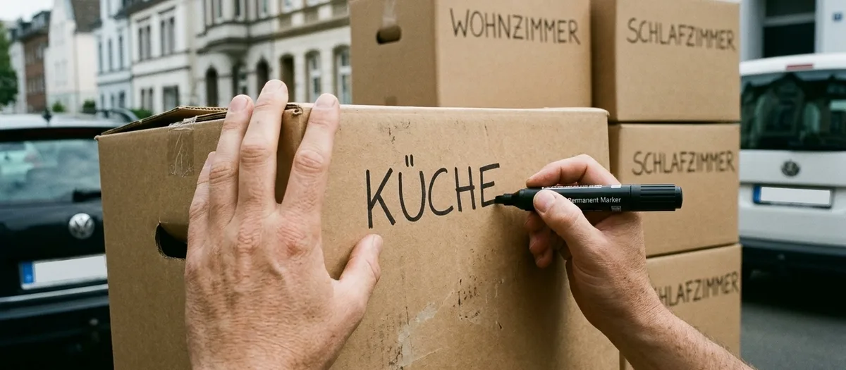 Eine Hand beschriftet einen Umzugskarton mit dickem Stift