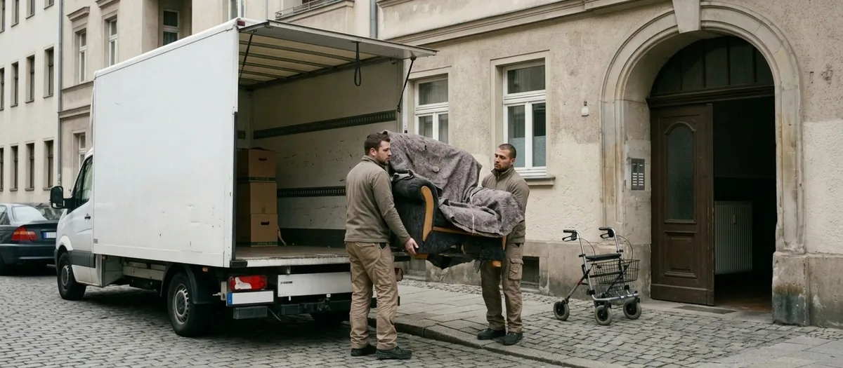 Ein Träger bringt einen Polstersessel aus einer Wohnungstür