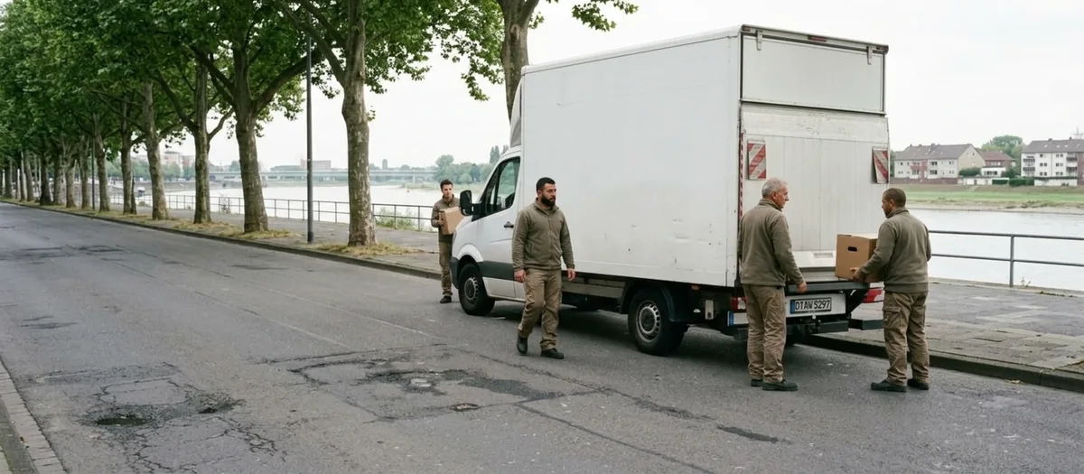 Umzugswagen auf der Autobahn entlang des Rheins