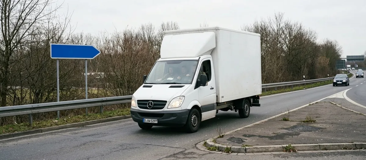 Umzugswagen fährt über eine Autobahnauffahrt Richtung Osten