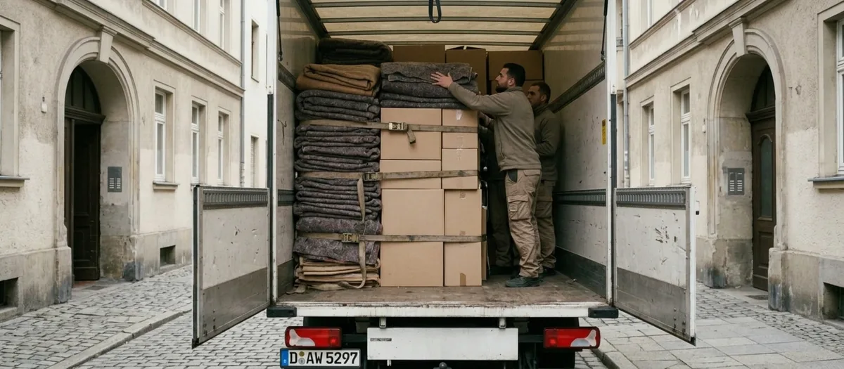 Bis zum Dach beladener Laderaum, ein Träger zieht den letzten Gurt fest