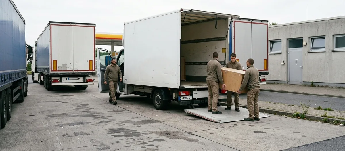Umzugswagen auf einem Autobahnrastplatz während der Fernfahrt