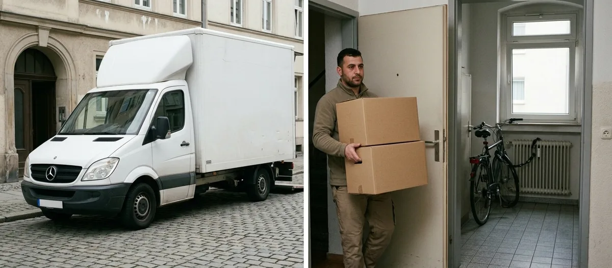 Kartons und eine Matratze stehen vor einem Wohnheimeingang bereit