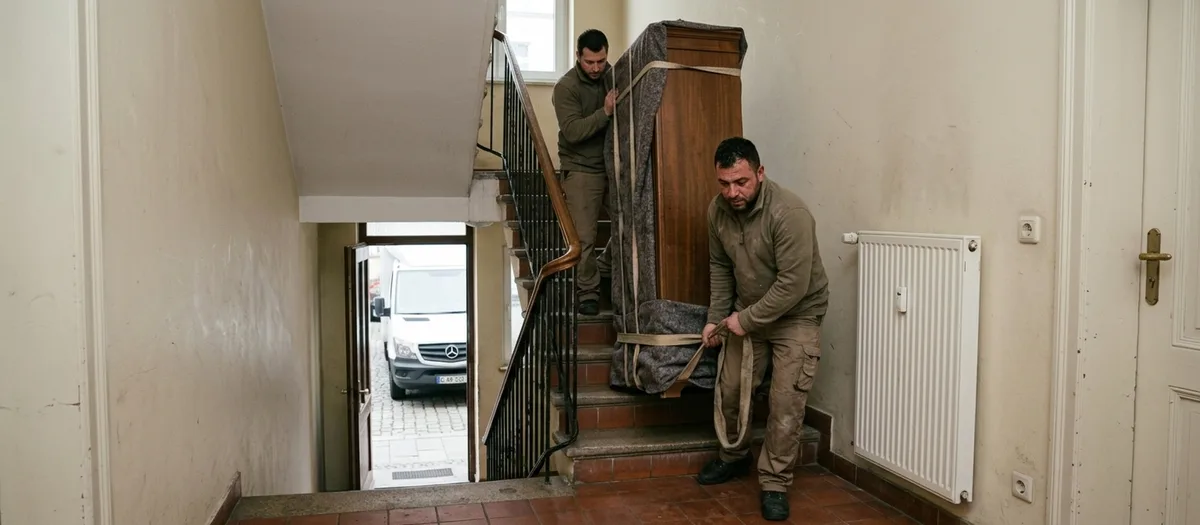 Möbelwagen mit offener Ladebordwand vor einem Wohnhaus, zwei Träger bringen eine in Decken geschlagene Kommode zur Rampe